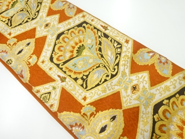 JAPANESE KIMONO / ANTIQUE FUKURO OBI / SILK / WOVEN KIKKO & FLOWER